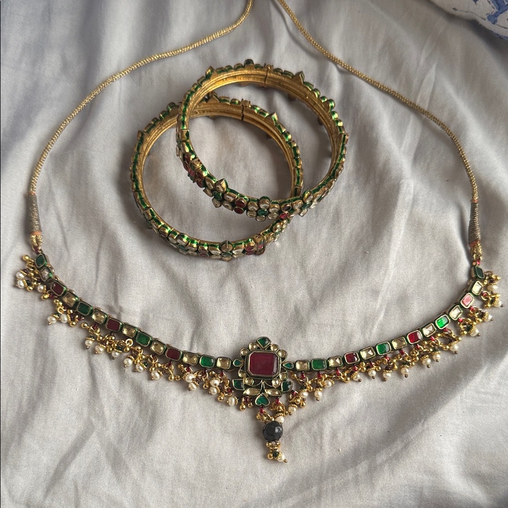Elegant Gold tone or plated and Multicolor Necklace and Bangle Set